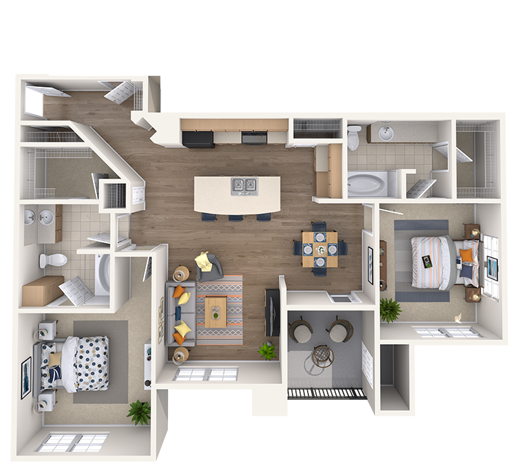 Floor plan for 2 beds, 2 baths, 1233 sqft